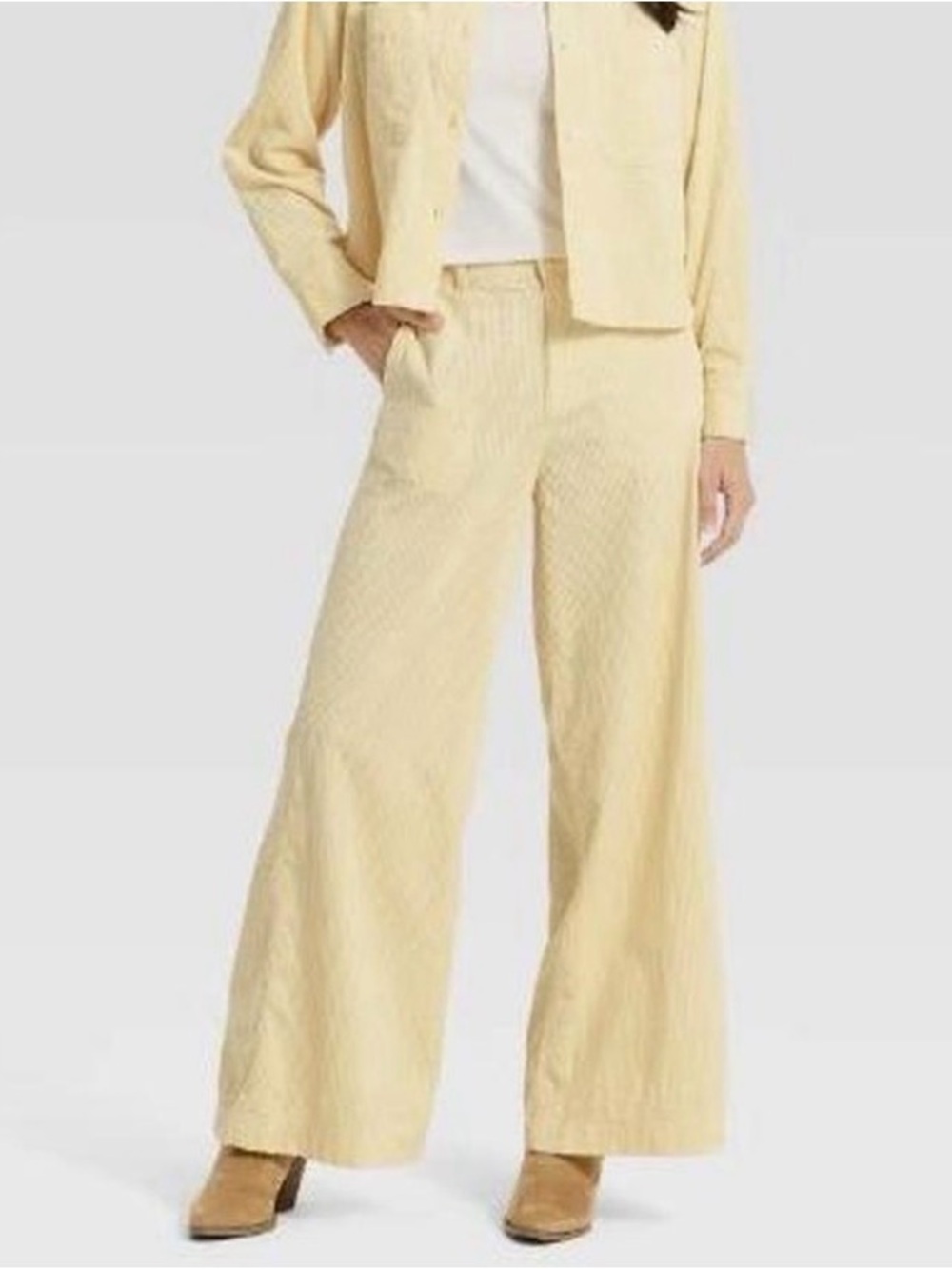 Wide-Leg Corduroy Pants in Pale Yellow